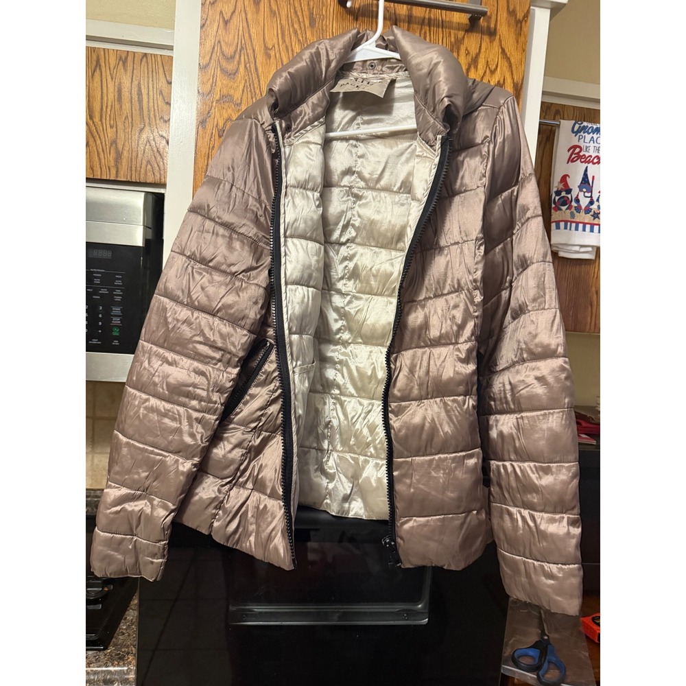 ana A New Approach Packable Puffer Jacket Champagne Taupe Hooded Large RN93677
